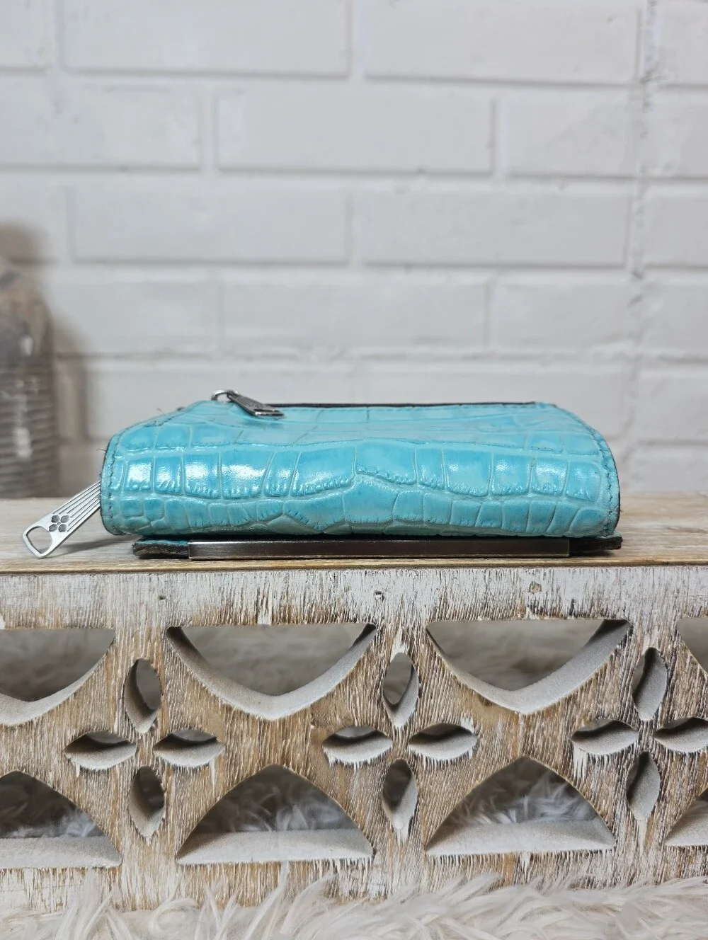 Patricia Nash Turquoise Croc Embossed Tri Fold Wallet